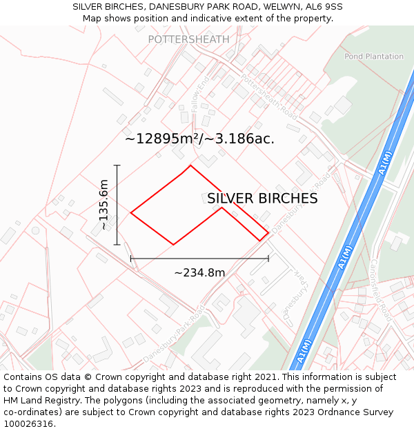 SILVER BIRCHES, DANESBURY PARK ROAD, WELWYN, AL6 9SS: Plot and title map