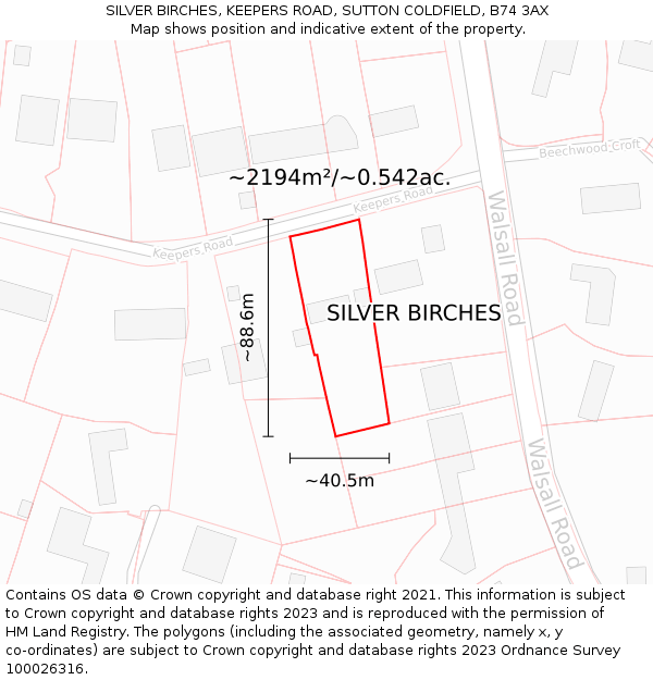 SILVER BIRCHES, KEEPERS ROAD, SUTTON COLDFIELD, B74 3AX: Plot and title map