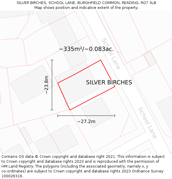 SILVER BIRCHES, SCHOOL LANE, BURGHFIELD COMMON, READING, RG7 3LB: Plot and title map