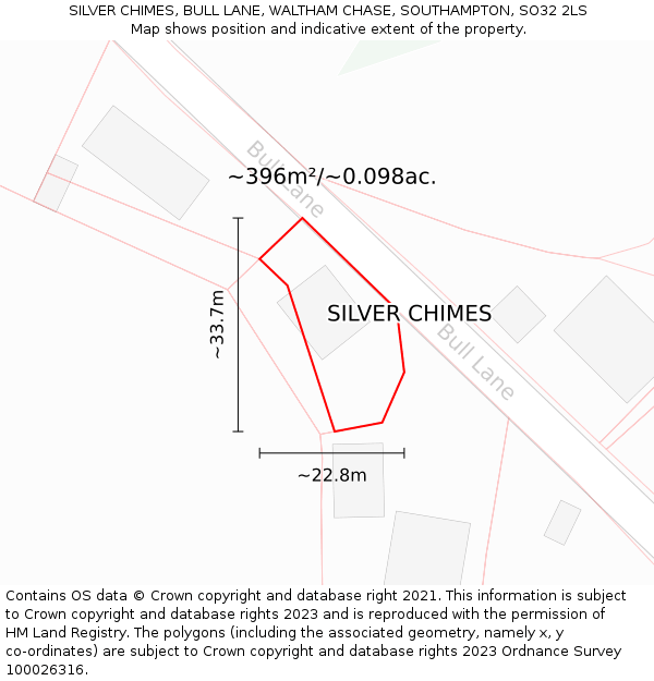 SILVER CHIMES, BULL LANE, WALTHAM CHASE, SOUTHAMPTON, SO32 2LS: Plot and title map