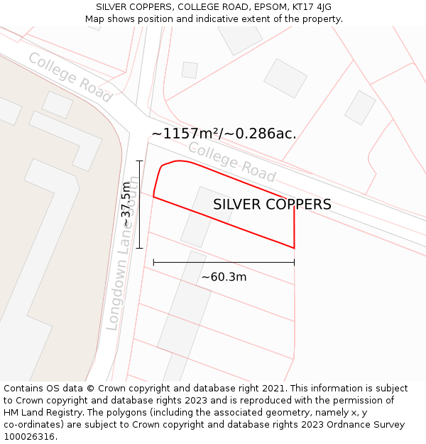 SILVER COPPERS, COLLEGE ROAD, EPSOM, KT17 4JG: Plot and title map