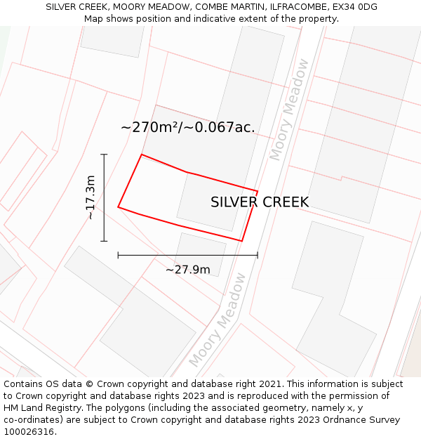 SILVER CREEK, MOORY MEADOW, COMBE MARTIN, ILFRACOMBE, EX34 0DG: Plot and title map