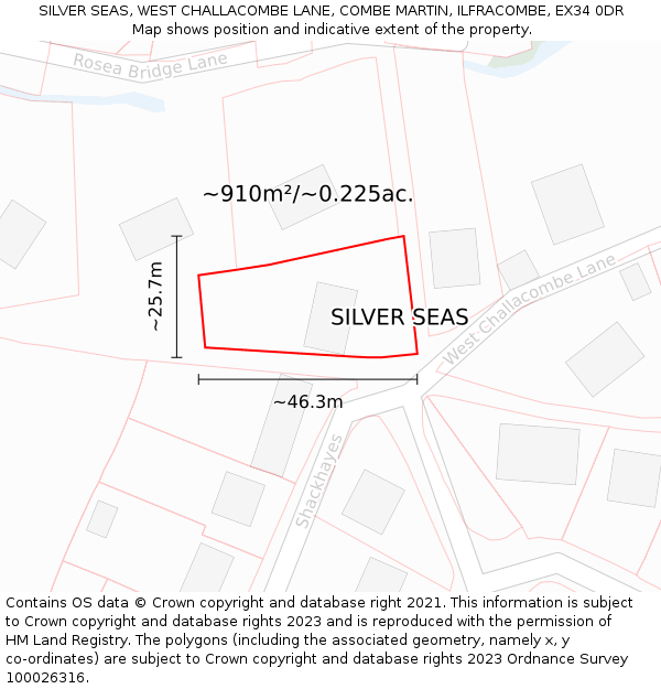 SILVER SEAS, WEST CHALLACOMBE LANE, COMBE MARTIN, ILFRACOMBE, EX34 0DR: Plot and title map