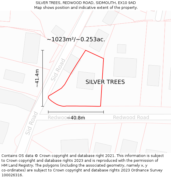 SILVER TREES, REDWOOD ROAD, SIDMOUTH, EX10 9AD: Plot and title map