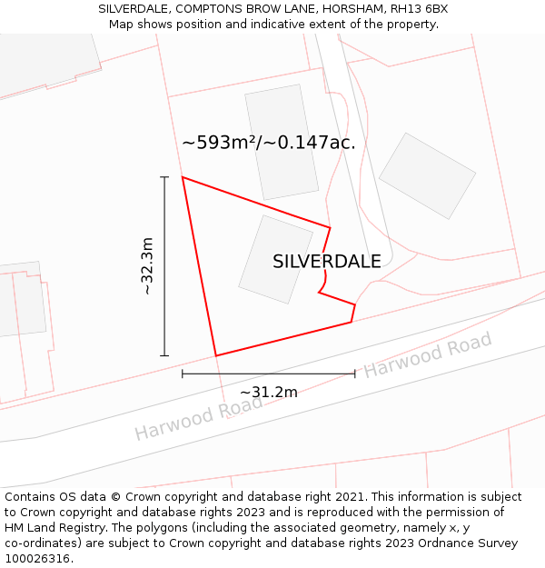 SILVERDALE, COMPTONS BROW LANE, HORSHAM, RH13 6BX: Plot and title map