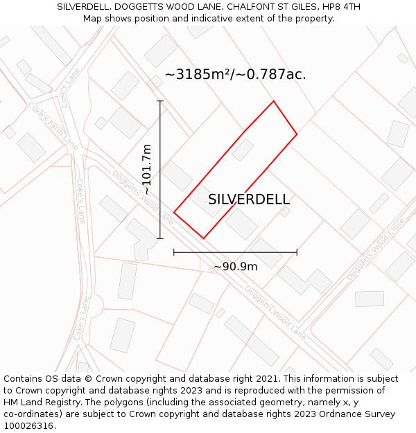 SILVERDELL, DOGGETTS WOOD LANE, CHALFONT ST GILES, HP8 4TH: Plot and title map