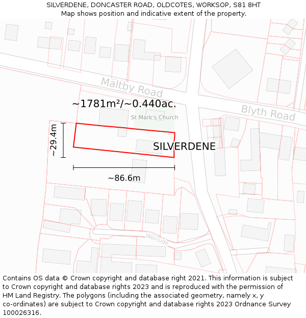 SILVERDENE, DONCASTER ROAD, OLDCOTES, WORKSOP, S81 8HT: Plot and title map