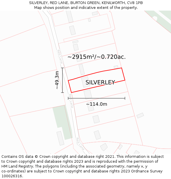 SILVERLEY, RED LANE, BURTON GREEN, KENILWORTH, CV8 1PB: Plot and title map