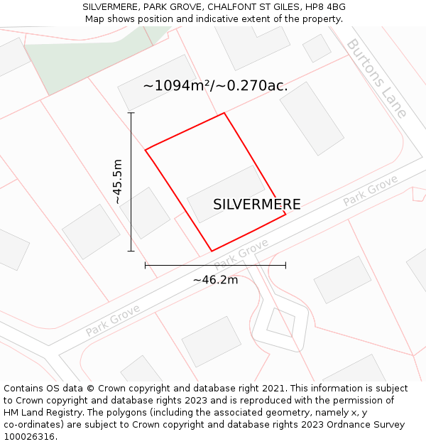 SILVERMERE, PARK GROVE, CHALFONT ST GILES, HP8 4BG: Plot and title map