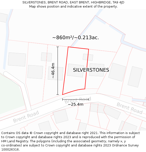 SILVERSTONES, BRENT ROAD, EAST BRENT, HIGHBRIDGE, TA9 4JD: Plot and title map