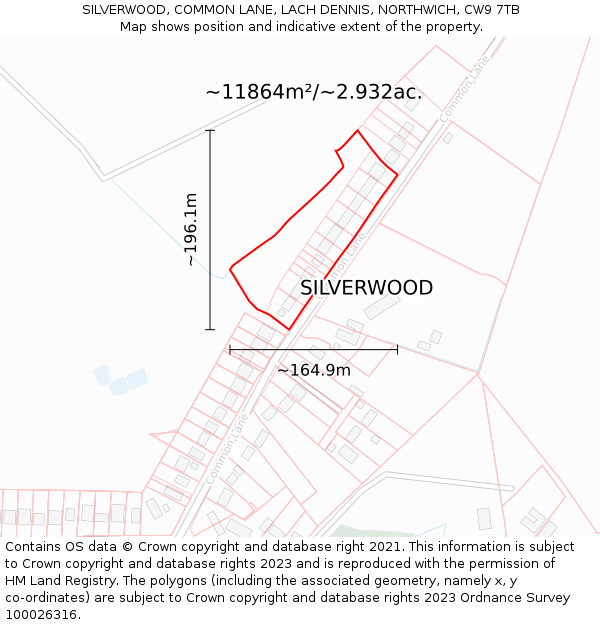 SILVERWOOD, COMMON LANE, LACH DENNIS, NORTHWICH, CW9 7TB: Plot and title map