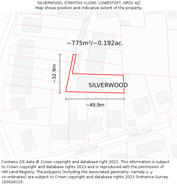 SILVERWOOD, STANTON CLOSE, LOWESTOFT, NR32 4JZ: Plot and title map
