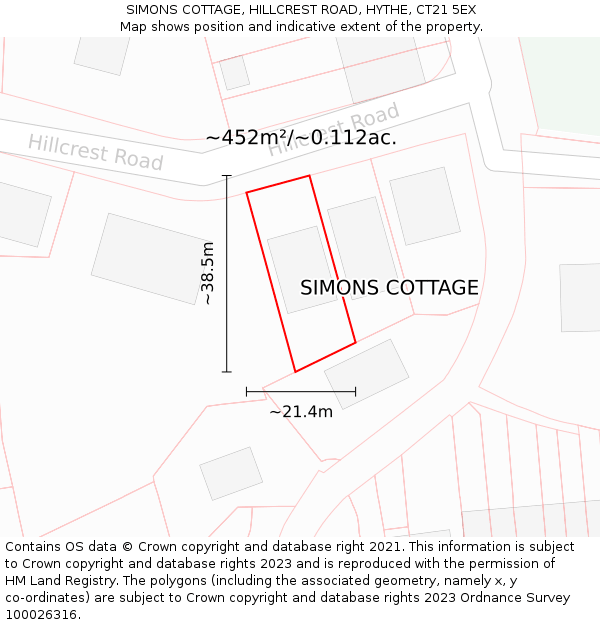 SIMONS COTTAGE, HILLCREST ROAD, HYTHE, CT21 5EX: Plot and title map