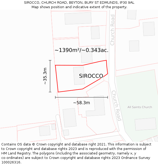 SIROCCO, CHURCH ROAD, BEYTON, BURY ST EDMUNDS, IP30 9AL: Plot and title map