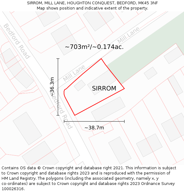 SIRROM, MILL LANE, HOUGHTON CONQUEST, BEDFORD, MK45 3NF: Plot and title map