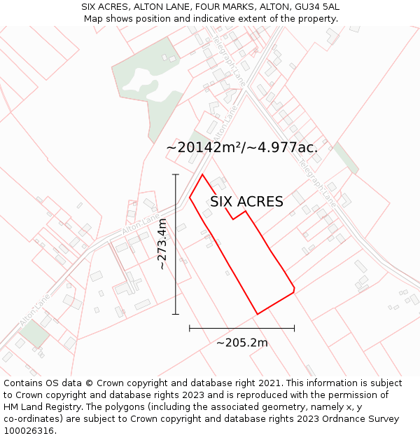 SIX ACRES, ALTON LANE, FOUR MARKS, ALTON, GU34 5AL: Plot and title map