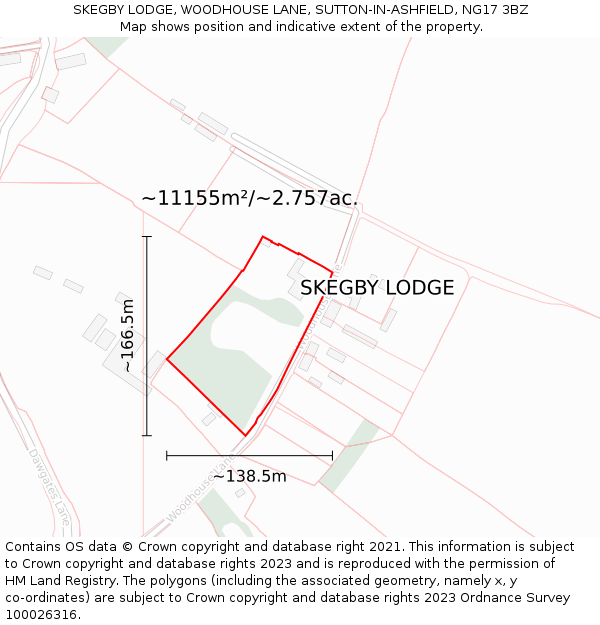 SKEGBY LODGE, WOODHOUSE LANE, SUTTON-IN-ASHFIELD, NG17 3BZ: Plot and title map