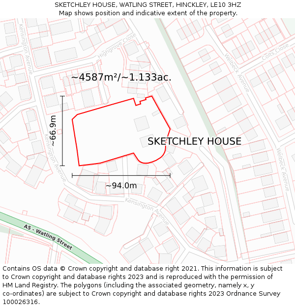 SKETCHLEY HOUSE, WATLING STREET, HINCKLEY, LE10 3HZ: Plot and title map