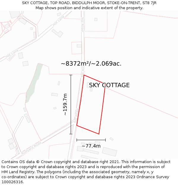 SKY COTTAGE, TOP ROAD, BIDDULPH MOOR, STOKE-ON-TRENT, ST8 7JR: Plot and title map