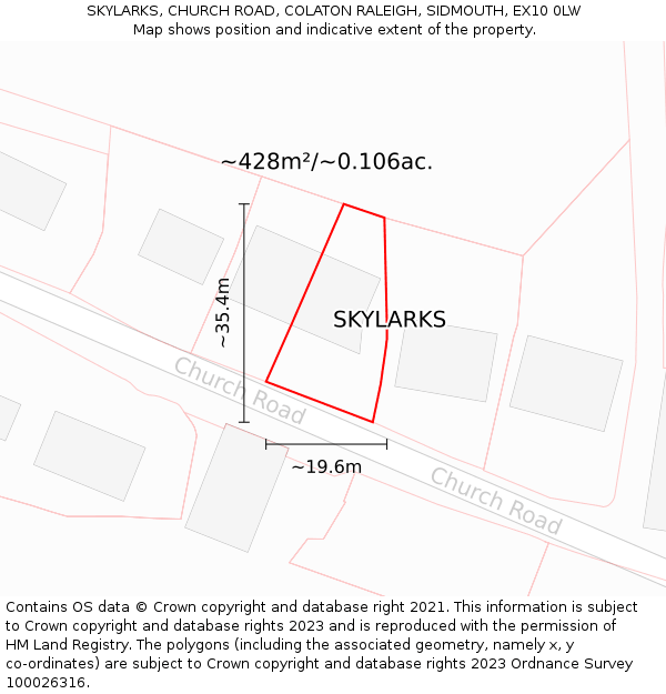 SKYLARKS, CHURCH ROAD, COLATON RALEIGH, SIDMOUTH, EX10 0LW: Plot and title map