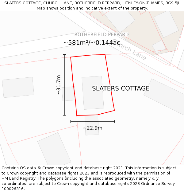 SLATERS COTTAGE, CHURCH LANE, ROTHERFIELD PEPPARD, HENLEY-ON-THAMES, RG9 5JL: Plot and title map