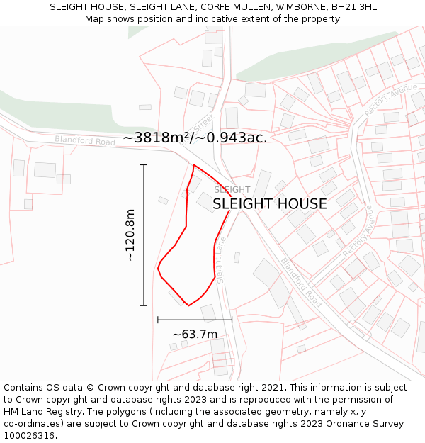 SLEIGHT HOUSE, SLEIGHT LANE, CORFE MULLEN, WIMBORNE, BH21 3HL: Plot and title map