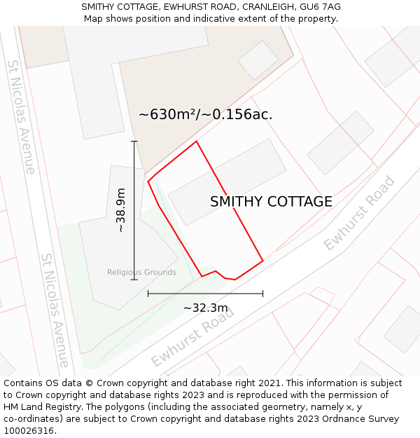 SMITHY COTTAGE, EWHURST ROAD, CRANLEIGH, GU6 7AG: Plot and title map