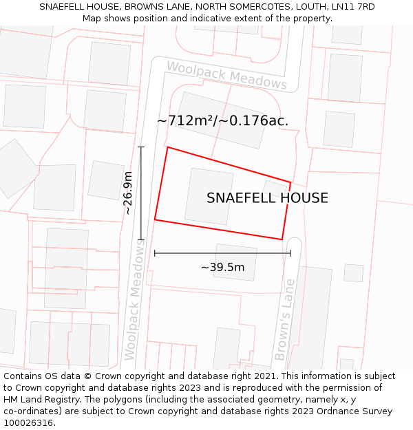 SNAEFELL HOUSE, BROWNS LANE, NORTH SOMERCOTES, LOUTH, LN11 7RD: Plot and title map
