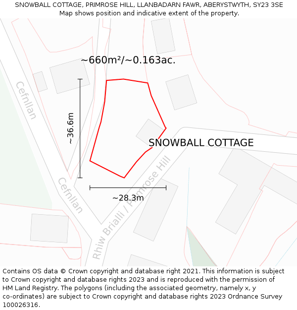 SNOWBALL COTTAGE, PRIMROSE HILL, LLANBADARN FAWR, ABERYSTWYTH, SY23 3SE: Plot and title map