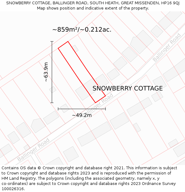 SNOWBERRY COTTAGE, BALLINGER ROAD, SOUTH HEATH, GREAT MISSENDEN, HP16 9QJ: Plot and title map