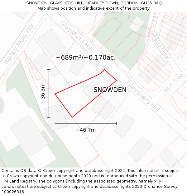 SNOWDEN, GLAYSHERS HILL, HEADLEY DOWN, BORDON, GU35 8AQ: Plot and title map