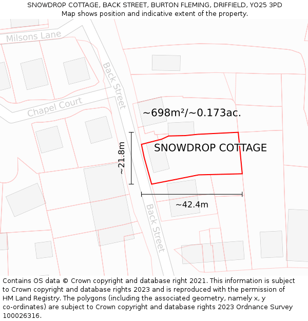 SNOWDROP COTTAGE, BACK STREET, BURTON FLEMING, DRIFFIELD, YO25 3PD: Plot and title map