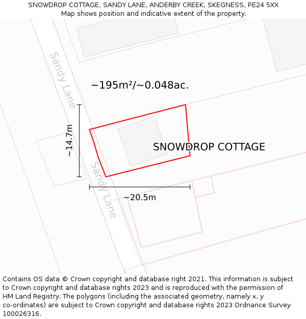SNOWDROP COTTAGE, SANDY LANE, ANDERBY CREEK, SKEGNESS, PE24 5XX: Plot and title map