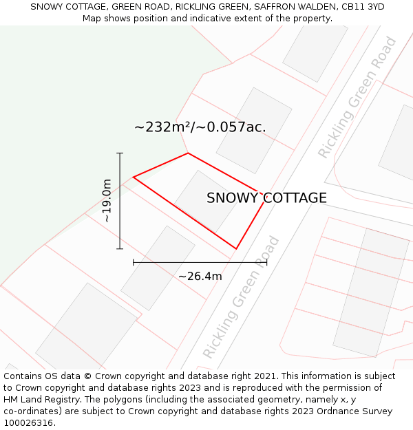 SNOWY COTTAGE, GREEN ROAD, RICKLING GREEN, SAFFRON WALDEN, CB11 3YD: Plot and title map