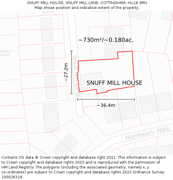 SNUFF MILL HOUSE, SNUFF MILL LANE, COTTINGHAM, HU16 4RN: Plot and title map
