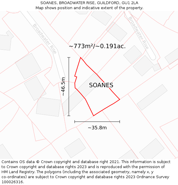 SOANES, BROADWATER RISE, GUILDFORD, GU1 2LA: Plot and title map