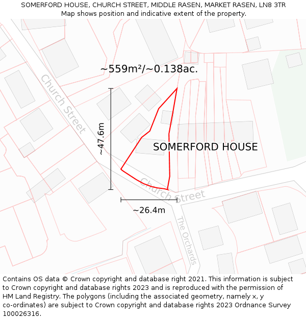 SOMERFORD HOUSE, CHURCH STREET, MIDDLE RASEN, MARKET RASEN, LN8 3TR: Plot and title map