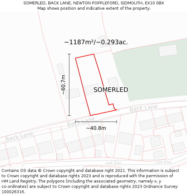 SOMERLED, BACK LANE, NEWTON POPPLEFORD, SIDMOUTH, EX10 0BX: Plot and title map