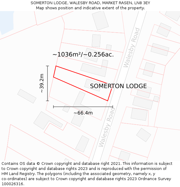 SOMERTON LODGE, WALESBY ROAD, MARKET RASEN, LN8 3EY: Plot and title map