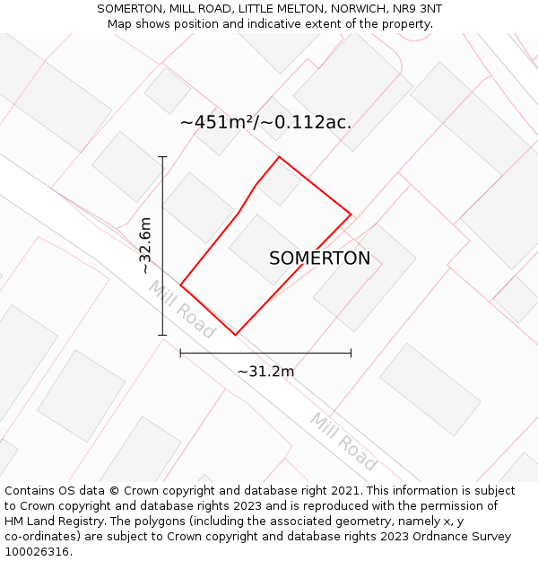 SOMERTON, MILL ROAD, LITTLE MELTON, NORWICH, NR9 3NT: Plot and title map