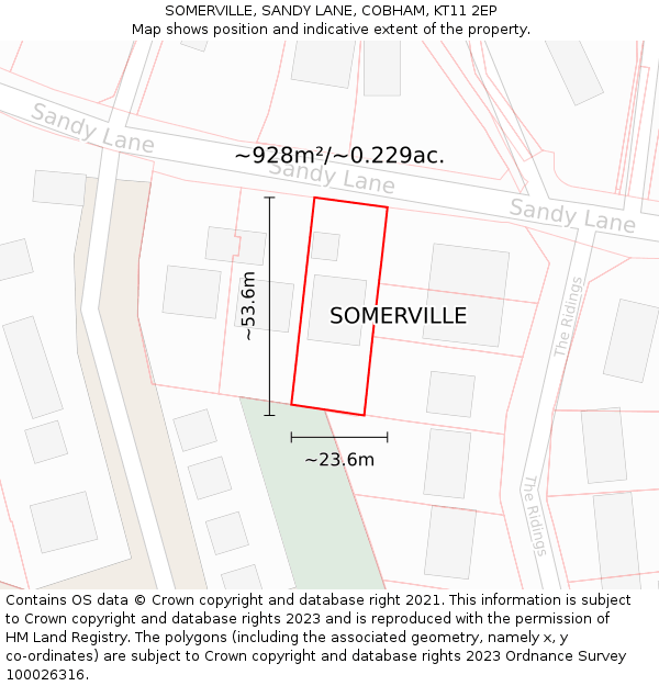 SOMERVILLE, SANDY LANE, COBHAM, KT11 2EP: Plot and title map