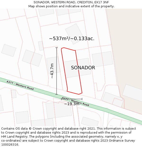 SONADOR, WESTERN ROAD, CREDITON, EX17 3NF: Plot and title map