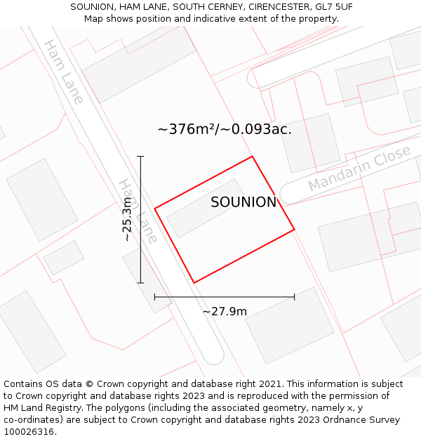 SOUNION, HAM LANE, SOUTH CERNEY, CIRENCESTER, GL7 5UF: Plot and title map