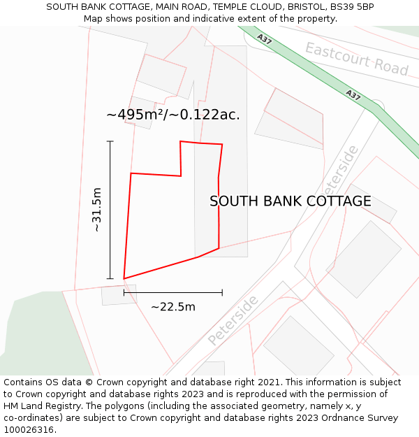 SOUTH BANK COTTAGE, MAIN ROAD, TEMPLE CLOUD, BRISTOL, BS39 5BP: Plot and title map