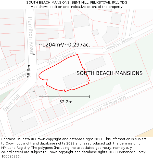 SOUTH BEACH MANSIONS, BENT HILL, FELIXSTOWE, IP11 7DG: Plot and title map