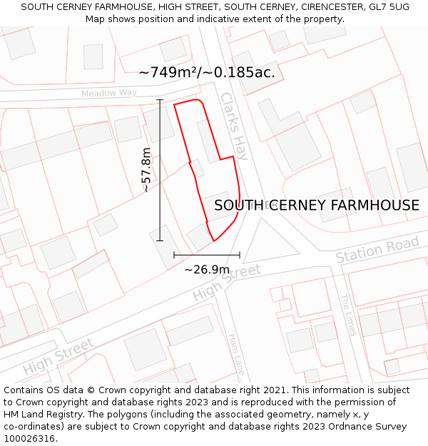 SOUTH CERNEY FARMHOUSE, HIGH STREET, SOUTH CERNEY, CIRENCESTER, GL7 5UG: Plot and title map