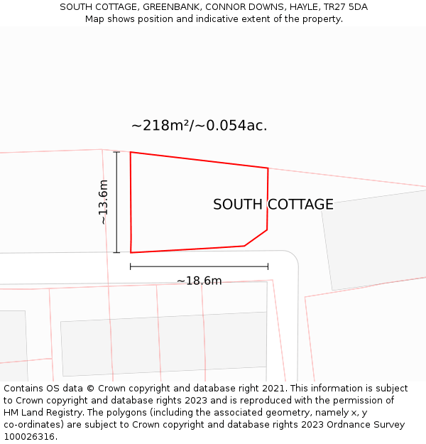 SOUTH COTTAGE, GREENBANK, CONNOR DOWNS, HAYLE, TR27 5DA: Plot and title map