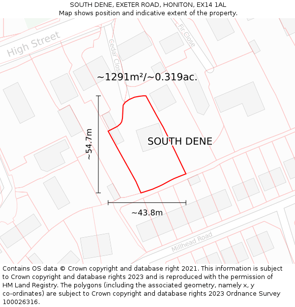 SOUTH DENE, EXETER ROAD, HONITON, EX14 1AL: Plot and title map