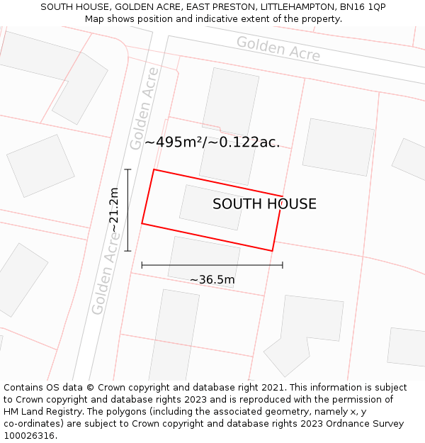 SOUTH HOUSE, GOLDEN ACRE, EAST PRESTON, LITTLEHAMPTON, BN16 1QP: Plot and title map