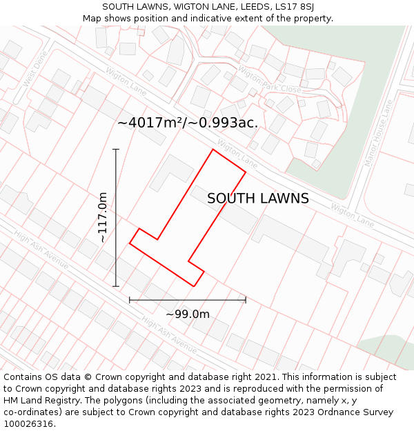 SOUTH LAWNS, WIGTON LANE, LEEDS, LS17 8SJ: Plot and title map